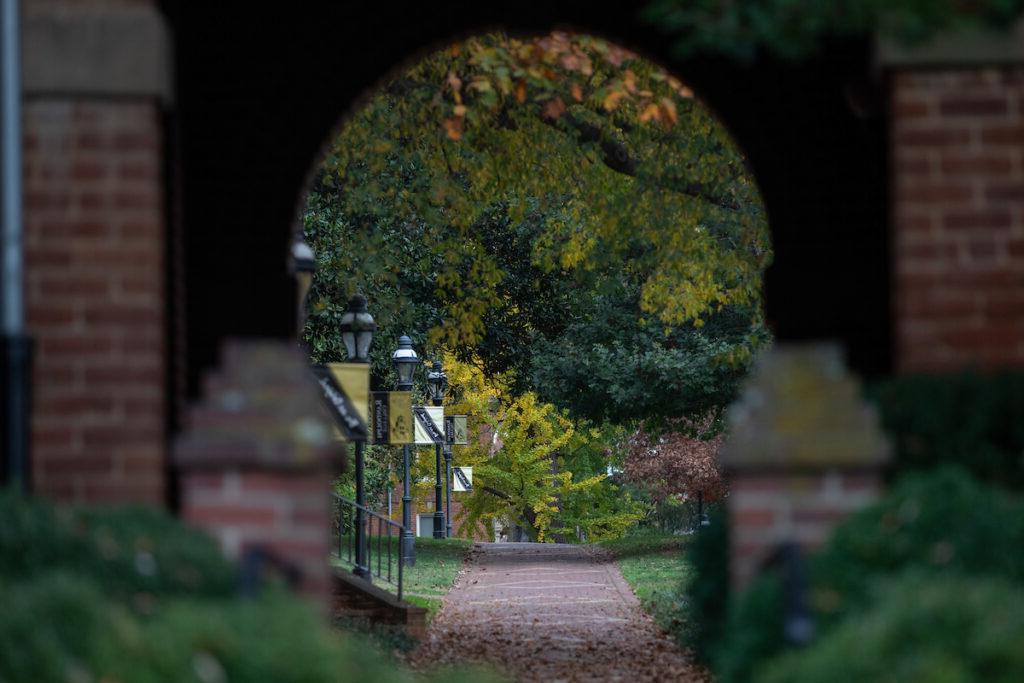 Photo of front campus, with the brick pathway in the middle, lampposts lining the path, and trees in the distance